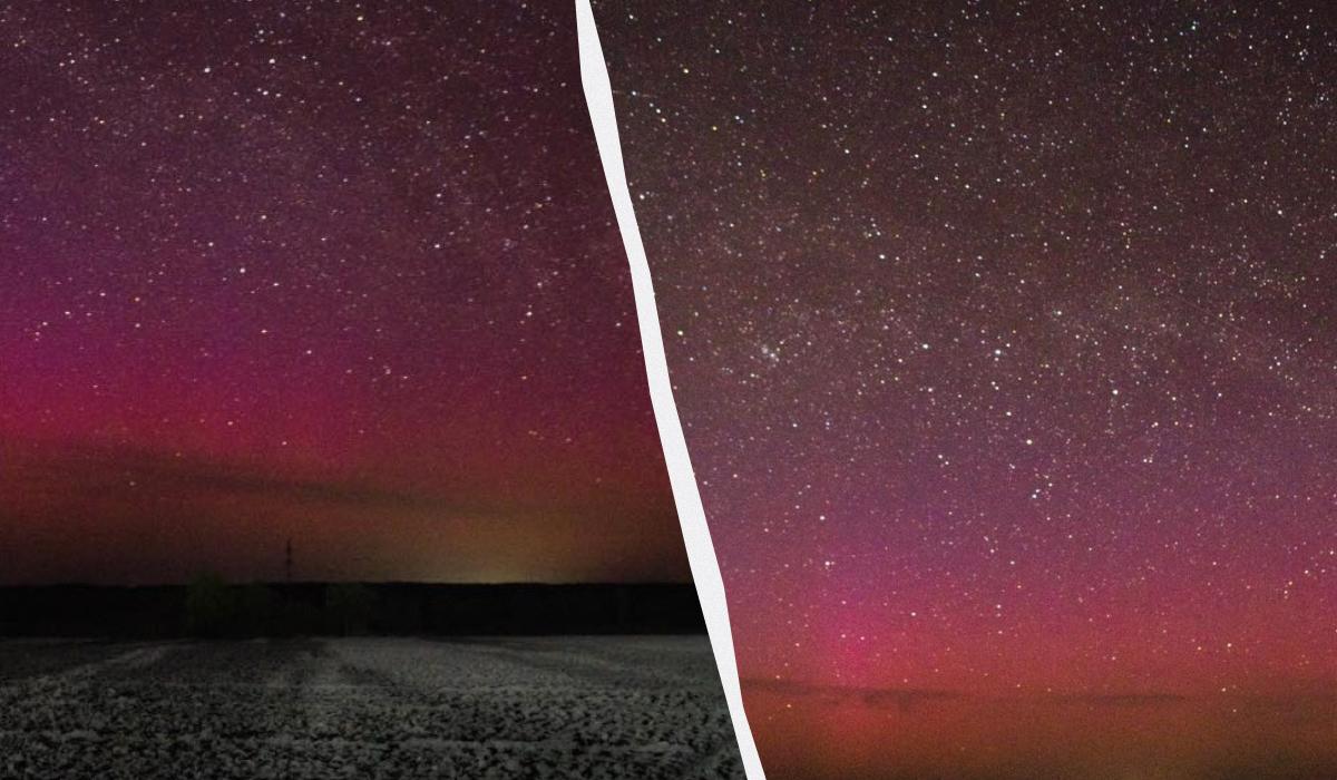 Полярне сяйво над Конотопом / колаж УНІАН, фото Анастасія Братуха Полярне сяйво над Конотопом / колаж УНІАН, фото Анастасія Братуха
